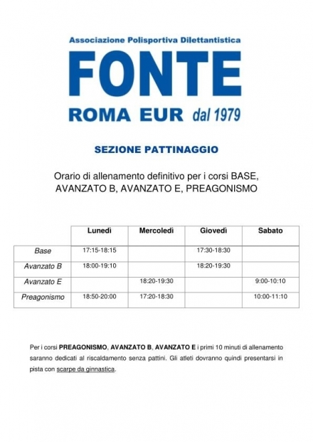 GIORNI E ORARI ALLENAMENTI - A.P.D. Fonte Roma Eur